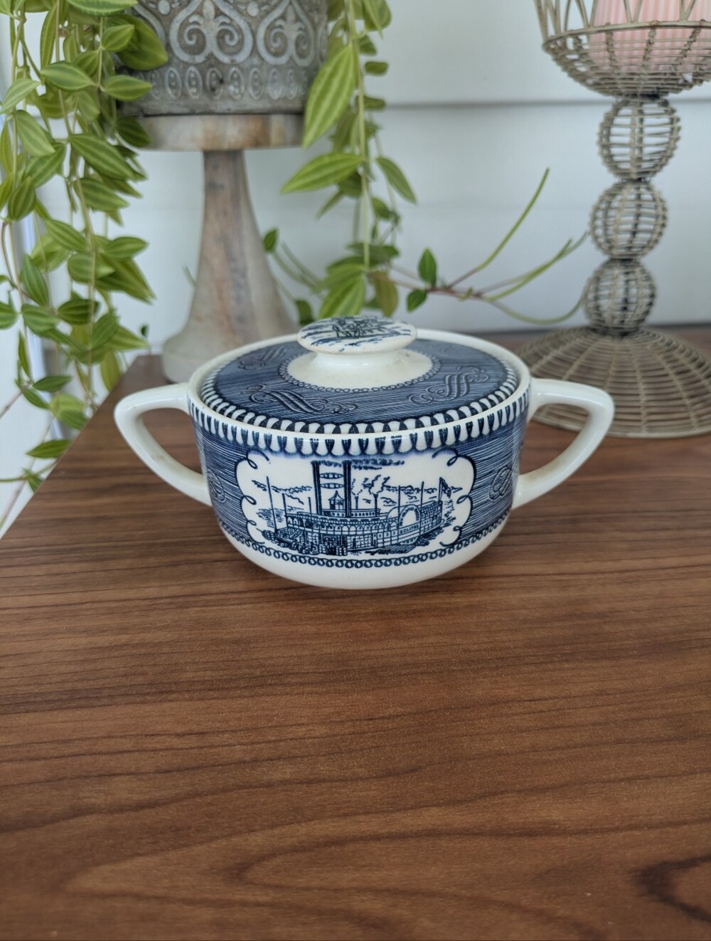 Vintage Blue & White Steamboat Bowl with Lid